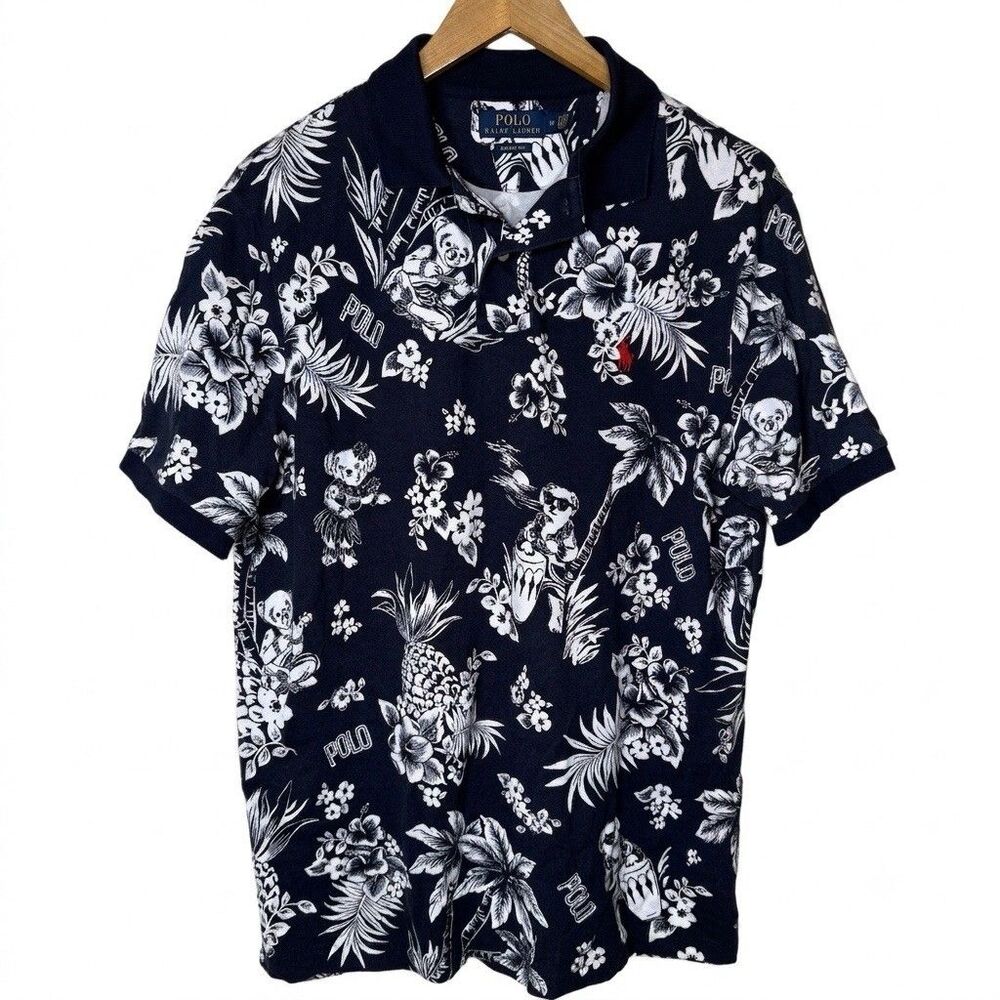 Polo Ralph Lauren Bear Hawaiian Shirt Mens Medium Classic Fit All Over Print AOP